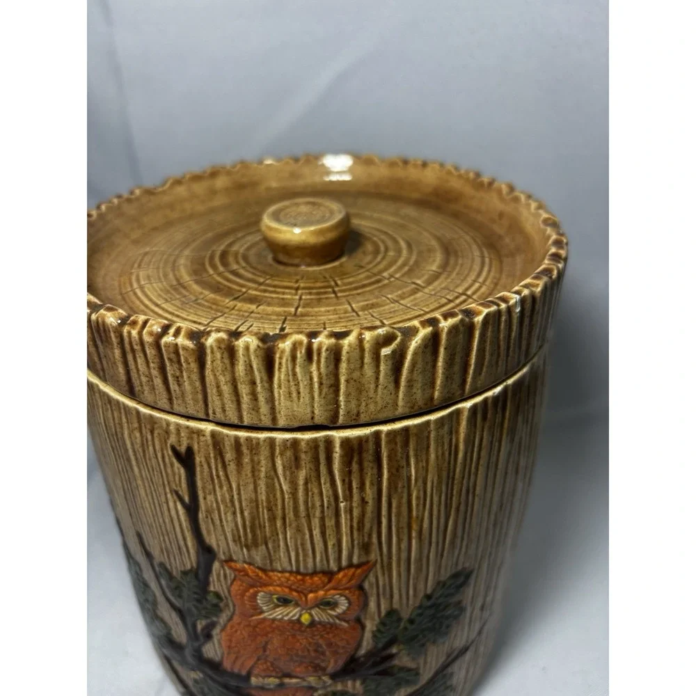 🦉Vintage Owl Ceramic Canister Brown Wood Grain ‎ 8.5